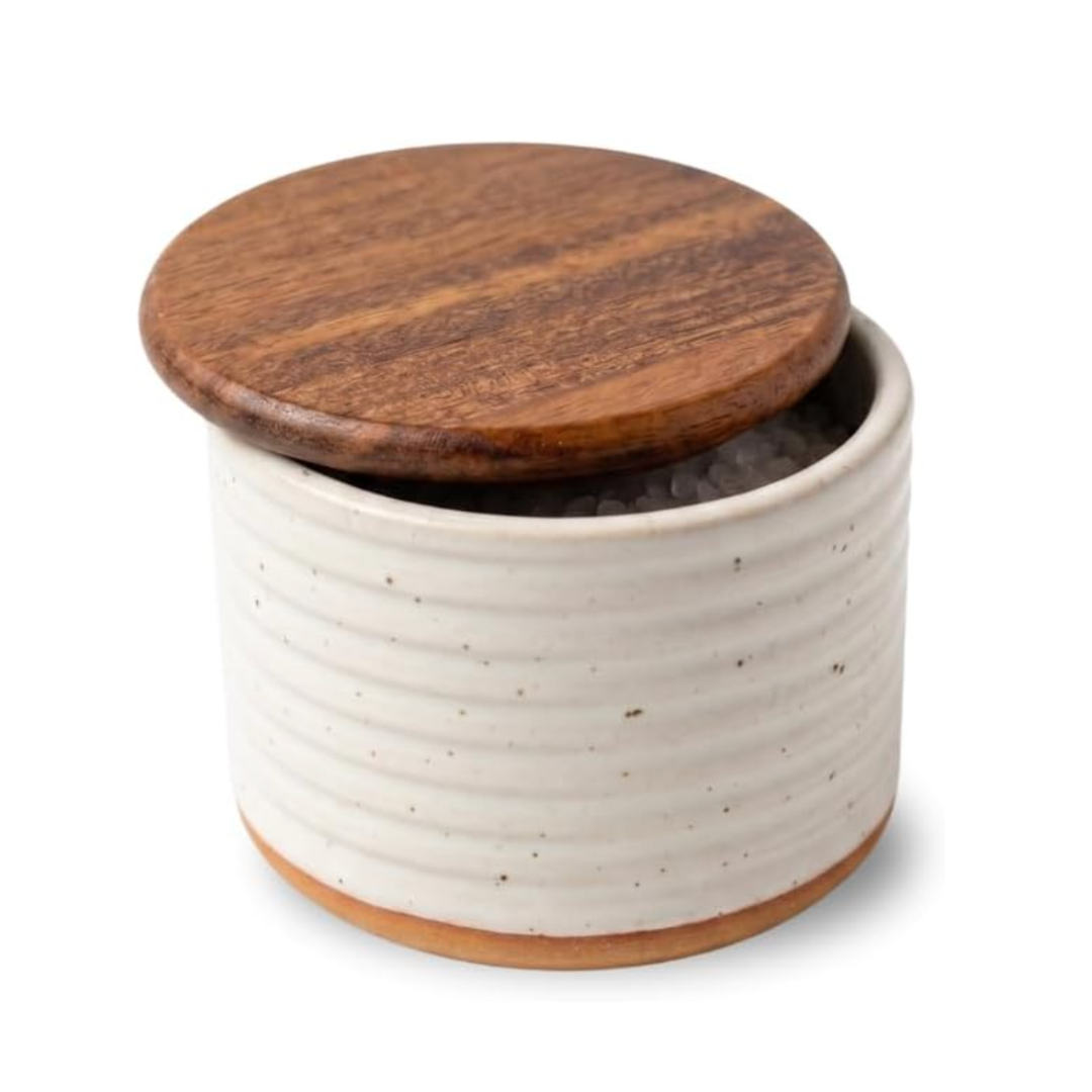 Speckled Stoneware Salt Cellar with Acacia Lid