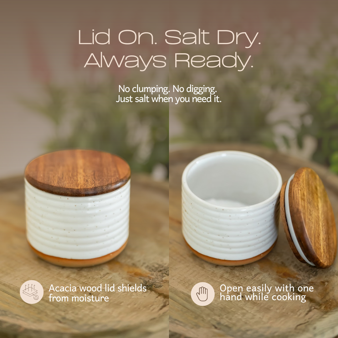 Speckled Stoneware Salt Cellar with Acacia Lid