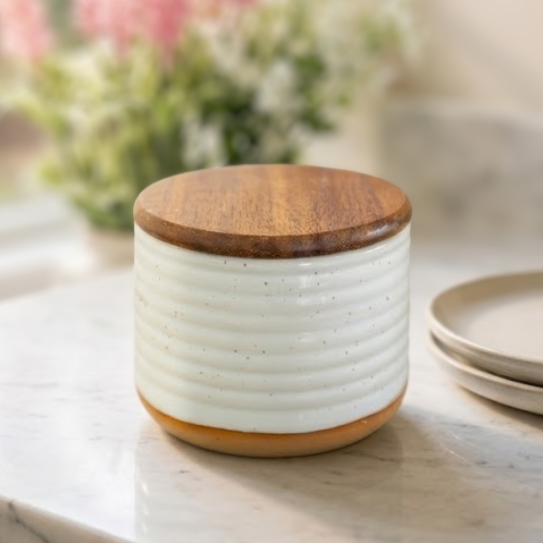Speckled Stoneware Salt Cellar with Acacia Lid