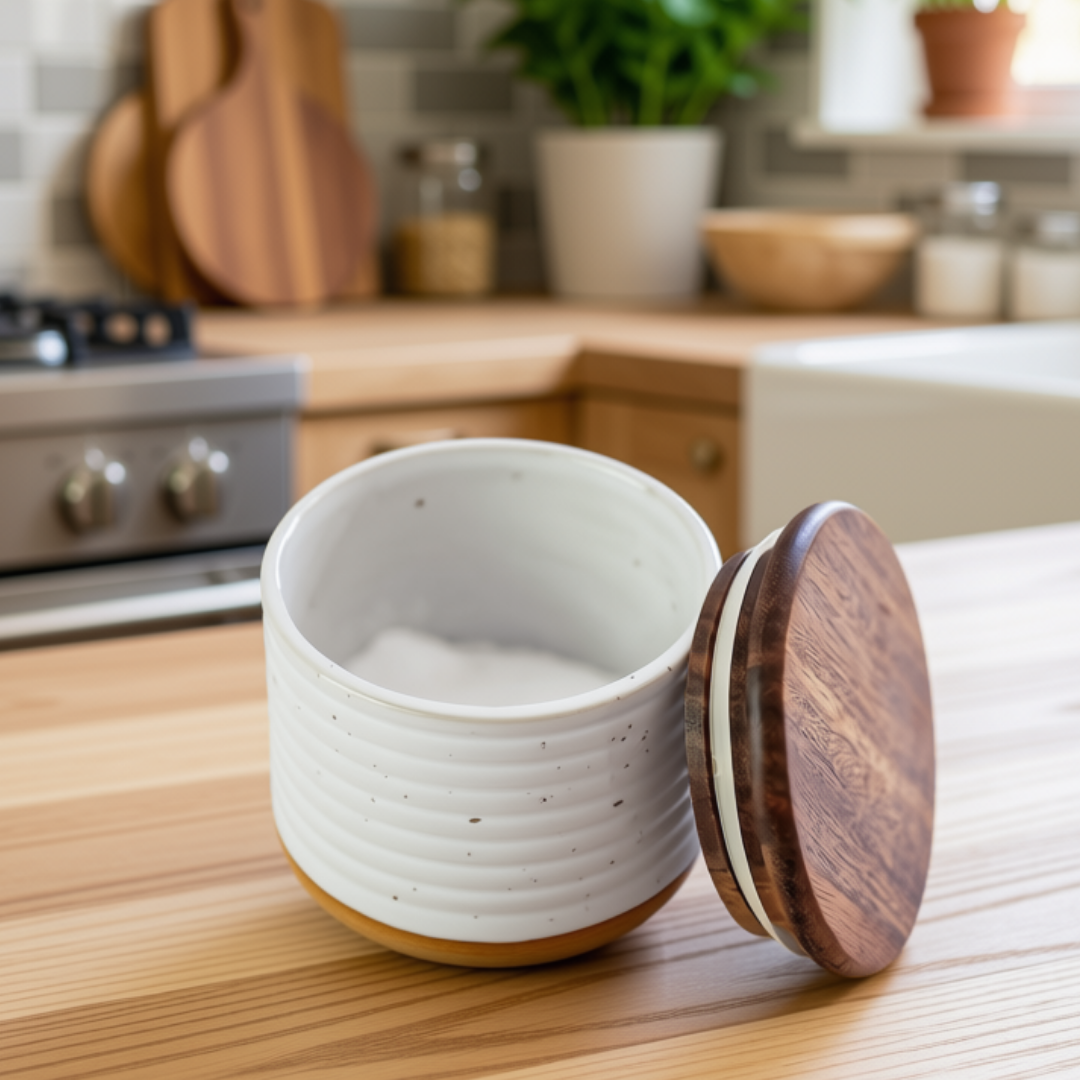 Speckled Stoneware Salt Cellar with Acacia Lid